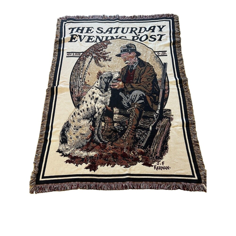 Vintage Cotton “Saturday Evening Post” Fringed Throw Blanket 65x45 Cabincore